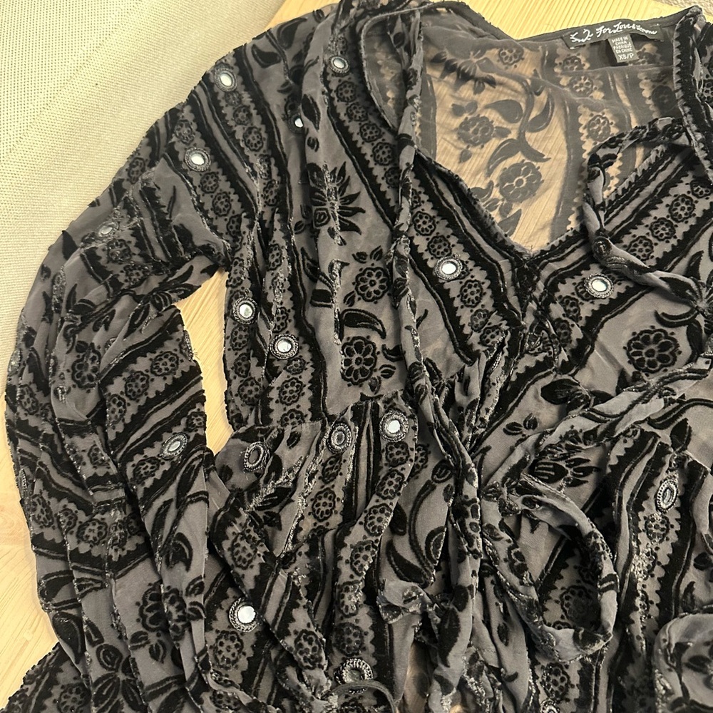 FOR LOVE & LEMONS Black Velvet Lace Mesh Long Sleeve Sheer Top Blouse Size XS